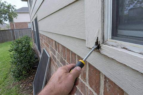 Hand pressing a screwdriver into the soft, cracked lower corner of painted window trim where it meets lap siding above brick