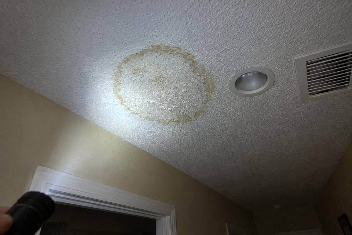 Brown ring-shaped water stain on a textured white ceiling beside a recessed light and an air vent, lit by a flashlight