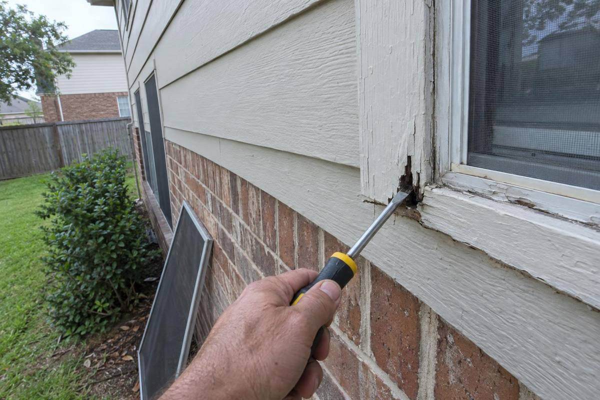 Hand pressing a screwdriver into the soft, cracked lower corner of painted window trim where it meets lap siding above brick