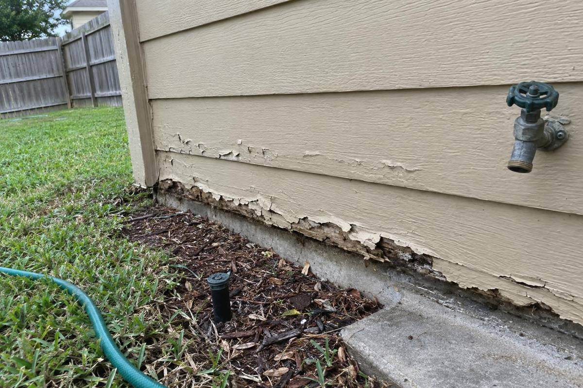 Lowest rows of painted lap siding swollen and flaking along their bottom edges near an outdoor spigot, with the slab edge below