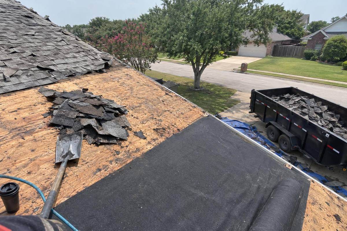 Roof seen from a ladder with one slope stripped to wood decking, felt rolled along the lower edge and a trailer of old shingles in the driveway