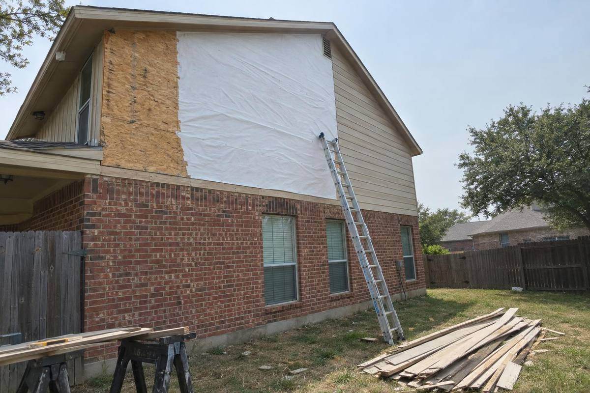 Second-story wall above brick with old siding removed from half of it, white wrap over the sheathing, new lap boards going up and a ladder against the wall